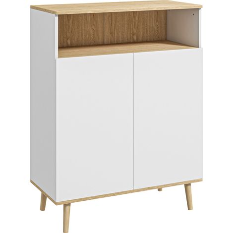 Meuble de rangement buffet scandinave sur pieds, armoire 2 portes avec étagère intérieure, blanc et finition bois (1/5)