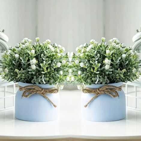 2Pièces Déco Florale Moderne - Fleurs Artificielles Miniatures Blanches avec Pots Verts 20x18cm, Ornements Réutilisables (1/4)