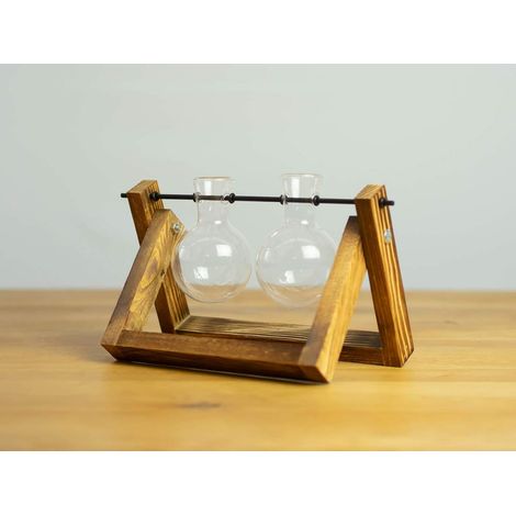 Vase décoratif élégant « piston rond » – Cadre en bois flammé avec deux ampoules en verre soufflé à la bouche et transparent. (1/5)