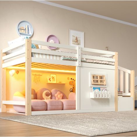 Cama alta 90 x 200 cm de pino y MDF con ventana, escalera de almacenaje y LED (1/5)