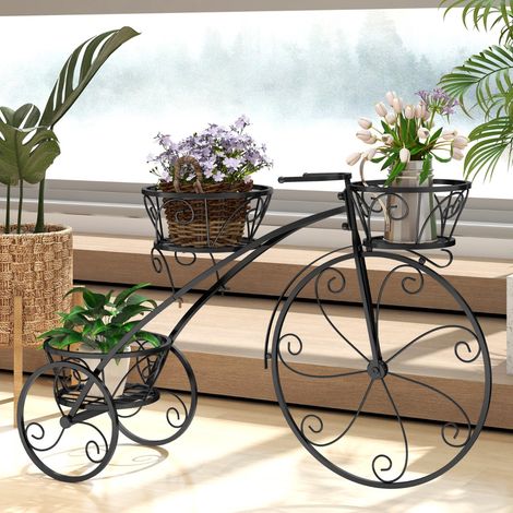 Support pour Plantes Tricycle Porte-Pot de Fleurs en Métal à 3 Niveaux avec 3 Panier Découpés et Roues Élégantes Style Parisien Noir (1/2)