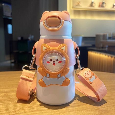 Bouteille thermos de dessin animé pour enfants de 500ml avec paille, bouteille thermos anti-fuite, bouteille d'eau kawaii orange (1/3)