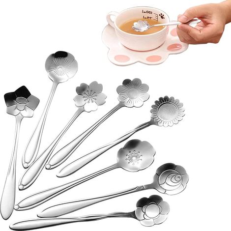 Cuillère À Café Acier Inoxydable - Lot 8 - 12.5 Cm - Formes Fleurs - Polie Miroir