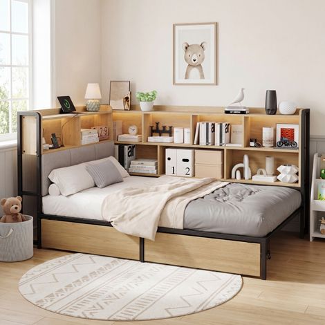 Cama nido moderna 90x200 cm de metal y MDF natural con cabecero tapizado, LED, USB-C, 2 cajones y somier de láminas