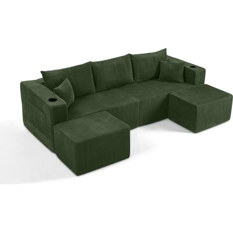 Sofá rinconero modular de 3 plazas en terciopelo acanalado verde con pufs móviles (1/5)