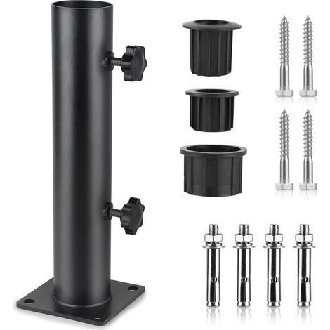 Pied Parasol, Tube de Parasol, Support Parasol Metal Réglable avec 3 Anneaux de Réduction en PVC (32/38/48mm), Tube pour Pied de Parasol avec 8 Clous en Acier, Noir (1/4)