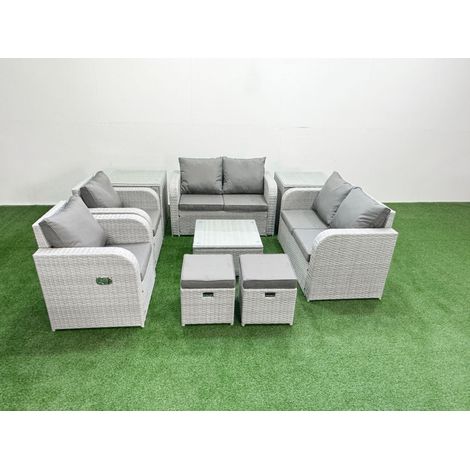 Fimous 8 Seater Outdoor Reclining Chair Love Sofa Set Rattan Garden Furniture Set with Square Coffee Table 2 Stools 2 Side Table Light Grey (1/4)