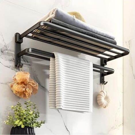 Porte Serviette Salle de Bain Pliable à 90°, Porte Serviettes Murale, Barre Porte-Serviettes, Range Serviette à 2 Niveaux avec Etagere, Noir 38cm (1/5)