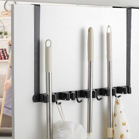 Support de balai à suspendre sur porte avec 5 supports et 4 crochets en acier inoxydable pour la maison, la salle de bain, la cuisine, le jardin (1/5)