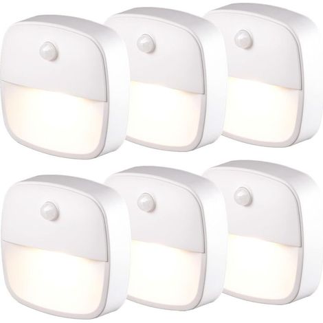 Lampe Détecteur de Mouvement Interieur, Lot de 6 Veilleuse LED Pile, Veilleuse d'escalier Automatiquel pour Couloir, Chambre, Cuisine, Placard - Blanc Chaud (1/5)