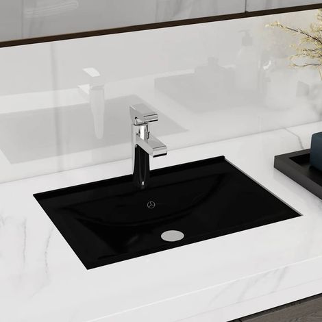 141933 Ceramic Bathroom Sink Basin Faucet/Overflow Hole Black Rectangular (1/5)