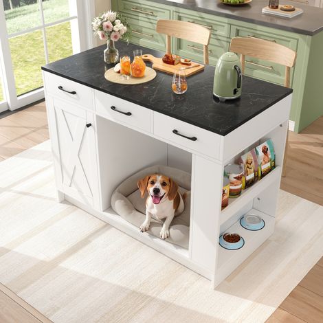 Meuble îlot de cuisine blanc avec rangements, 3 tiroirs, porte-épices, double étagère et niche pour animal, 120x60x90 cm