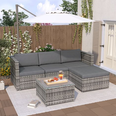 REDOM Salon de jardin 196x139x67 cm, avec table basse 58x58x36 cm, coussins lavables, rotin PE gris (1/5)