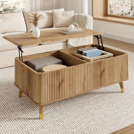 Table basse relevable - 97x52x56,5 cm - salon avec grand coffre de rangement - bois mdf style rétro moderne texture ondulée - chêne naturel (1/5)
