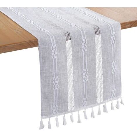 BUNTHAUS Broderie Lin Chemin de Table Intérieur Extérieur Ferme Style Café Chemin de Table 183cm avec Glands à la Main pour Pique- Mariage 33x183CM-Gris (1/4)