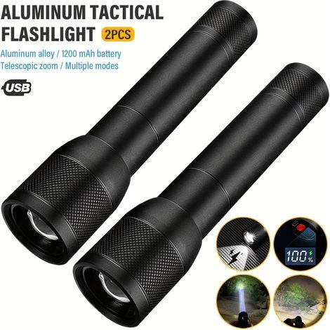 Lot de 2 Lampes de Poche en Alliage d'Aluminium Haute Puissance, Torche Rechargeable, Projecteur Extérieur, Lumière LED à Zoom Variable Portative, avec Affichage Électrique Intelligent (1/5)