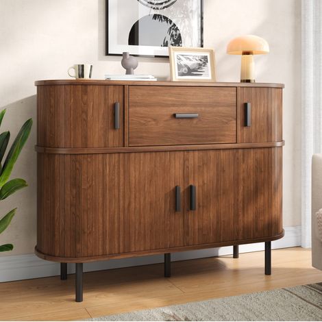Buffet 110x35x81,5 cm avec portes coulissantes et tiroir central, meuble de rangement en MDF noyer (1/5)