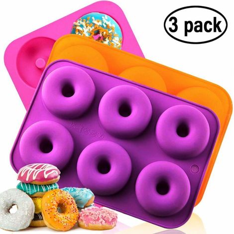Moulds3 Lot de 3 moules à beignets en silicone, 6 moules à pain anti-dérapants sans danger pour les gâteaux, les muffins, orange, rose rouge, vert (1/5)