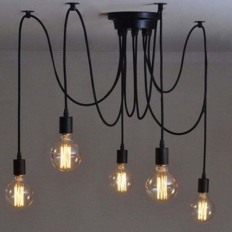 Éclairage Suspendu Edison 2Mètres Réglable Plafonnier Araignée Lumière Métal Fil Cage Pendentif Éclairage Lustre Moderne Industriel Lumière Lumineuse (Ampoule NON INCLUS) (5 Bras)