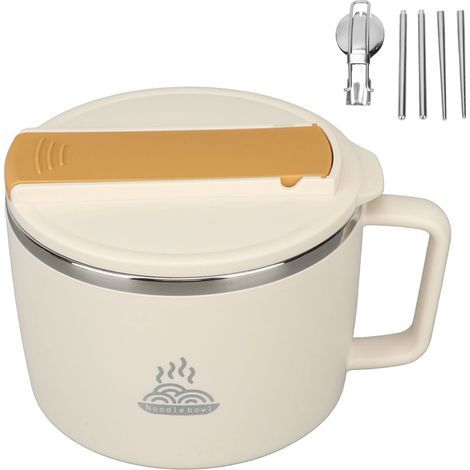 Bol à Nouilles pou Mico-ondes, Bol à amen avec Baguettes et Cuillèe, Bol à Nouilles en Acie Inoxydable 304 de 1200 Ml, Bol à Soupe Potable, Bol à amen avec Couvecle pou(Blanc cème) (1/4)