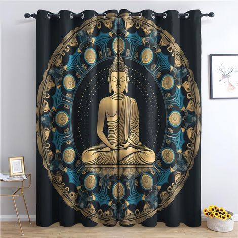 Rideau Occultant Bouddha, Motif Rideaux Thermiques à Oeillets, Rideaux Imprimé pour Salon Chambre Fenetre Moderne Décoration, 140x160 cm (L x H), Lot de 2 - 140L X 160H cm (2 Panneaux) (1/5)