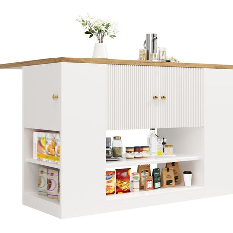 Îlot de cuisine blanc avec table rabattable, tiroirs, étagères et grand rangement, meuble multifonction 140 x 40 x 90 cm en MDF et métal - CHICFURN (1/5)