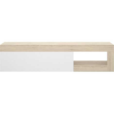 TV-Schrank 204x42x48 cm glänzend weiß und Eiche natur mit einer Tür - Merida