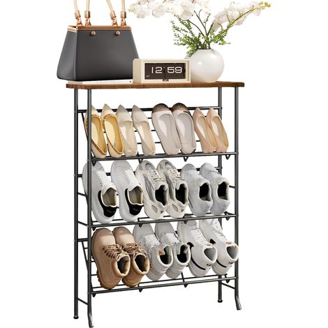 Schuhregal Schmal Metall, Shoe Rack mit 4 Ebenen, Stapelbares Kleines Schuhregal, SchuhstäNder Organizier für 12-16 Paar Schuhe, Schuhablage für Eingangsbereich Flur Wohnzimmer Schlafzimmer