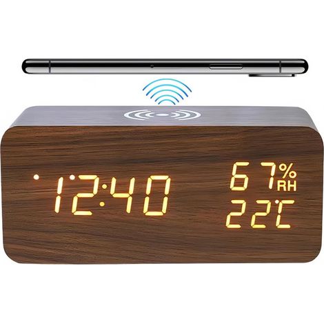 Réveil numérique avec chargement sans fil LED , affichage de la température et de l'humidité, 3 alarmes, luminosité réglable et contrôle du son pour chambre et bureau (marron) (1/4)