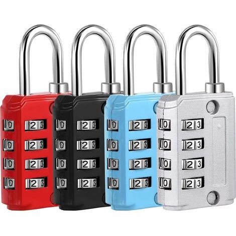 4 Pcs Cadenas Code 4 Chiffres, Petit Cadenas Casier Cadenas Valise a Code en Alliage de Zinc(Argent Noir Bleu Rouge) (1/5)