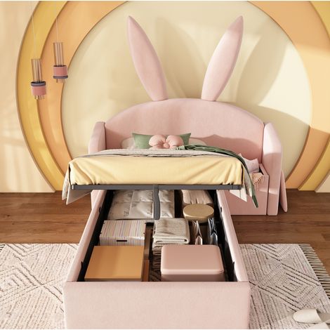 Lit enfant rembourré rose 90x200 cm en velours, tête de lit oreilles de lapin, coffre relevable hydraulique et chevet