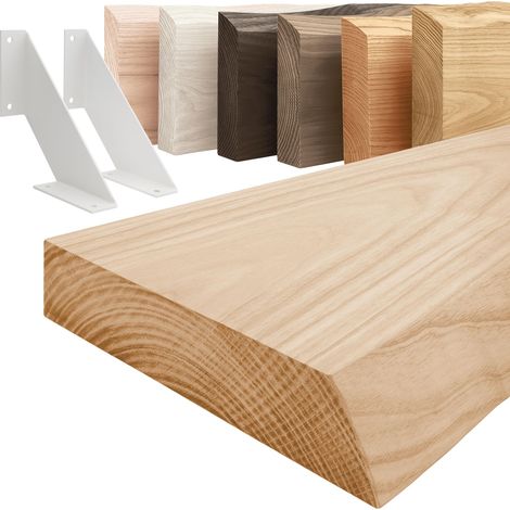 LAMO Manufaktur étagère murale en bois massif, irrégulier, étagère de rangement Vintage, bois naturel / équerre blanche 120cm, LW-01-A-002-120VW