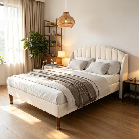 Lit Double 140x190 cm en Velours Beige - Cadre de Lit avec Tête de Lit Capitonnée Arquée - Sommier à Lattes Solide - Chambre moderne (1/5)