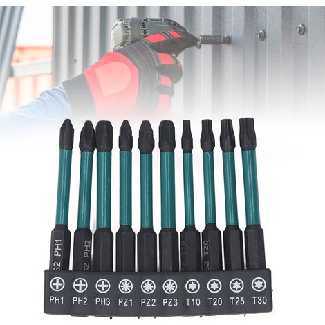 Coffret de 10 embouts de tournevis hexagonaux + support de rangement. Embouts en acier allié S2 phosphaté résistant aux chocs, de type PH, PZ et T, avec tiges hexagonales de 6,35 mm (1/4 pouce). (1/5)