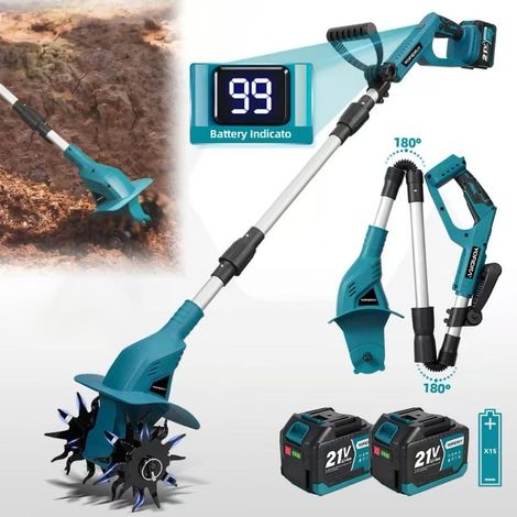 Motoculteur rotatif,ameublisseur de sol de jardin,outil de retournement du sol,compatible avec la batterie Makita 21V,deux batteries de 4,5 Ah (1/5)
