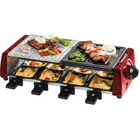 Techwood TRGP-885 Raclette-Grill-Plancha-Pierre de Cuisson, 1200 W, Inclus : 8 Poêlons Coloris Rouge