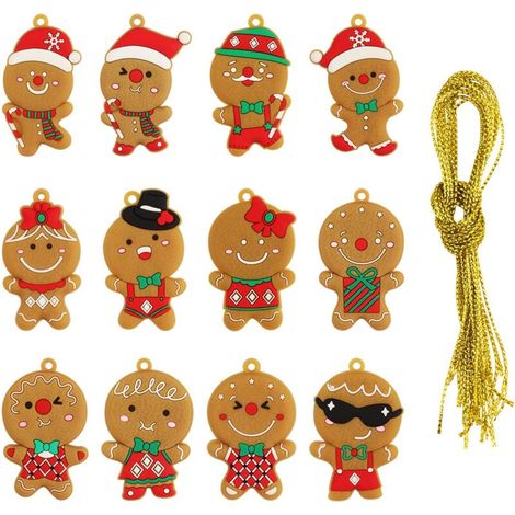 12 Lebkuchenmann-Ornamente und -Dekorationen für Weihnachtsbäume, mit Schnüren, als Geschenk