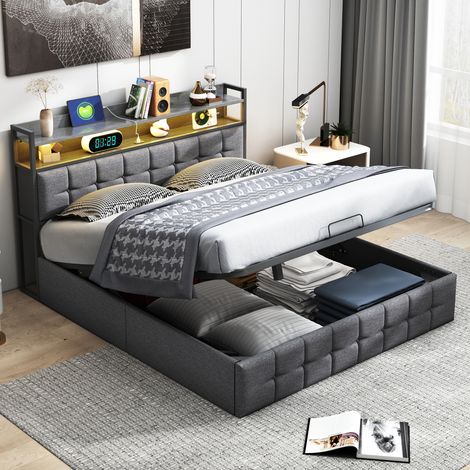 BSMGSGN-Letto Matrimoniale 140x190 cm con Contenitore, Letto Imbottito con Sollevamento a Gas, LED e USB, Testiera con Stoccaggio, Struttura Letto Matrimoniale, Senza Materasso, Lino Grigio (1/5)