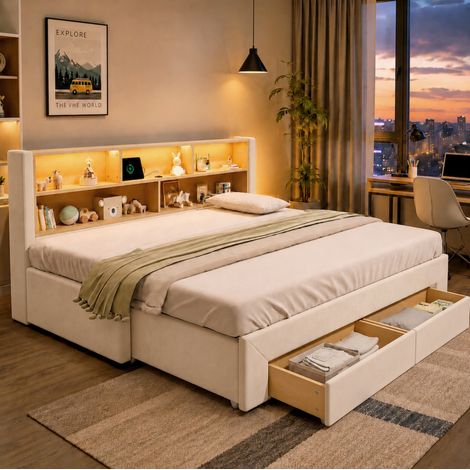 Lit banquette 201x194x83 cm en velours beige avec LED et USB, gain de place, sans matelas – MEUBLIV (1/5)