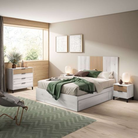 Pack Muebles Dormitorio Matrimonio Arles Nórdicos Modernos Color Blanco Albo y Roble Rayado (1/5)