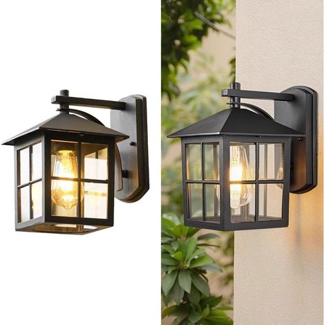 Appliques murales d'extérieur étanches IP65, luminaires muraux vintage en aluminium noir mat, applique murale de porche avec douille E26 et abat jour en verre pour garage et terrasse