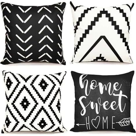 Fundas de almohada decorativas de 22x22 pulgadas (juego de 4 piezas), fundas de almohada cuadradas de lino con estampado geométrico en blanco y negro, aptas para sofás y camas, compatibles con tamaños