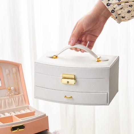 Portagioie in pelle da donna, astuccio portagioie a due livelli per anelli, orecchini, collane (1/4)