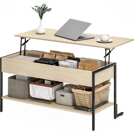 Mesa de centro con tapa elevable, mesa de salón con compartimento oculto y estante abierto, 95x40x59cm, madera natural.