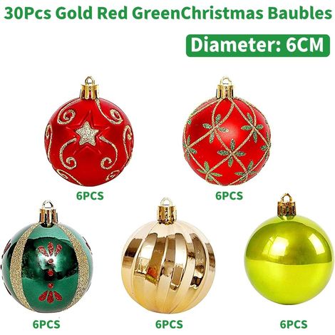 30 Stück Weihnachtskugeln, 6 cm große, bruchsichere, goldene, rote und grüne Weihnachtskugeln zum Aufhängen für Weihnachtsbaum, Weihnachtsdekoration für Zuhause und Weihnachtsfeier (6 verschiedene Aus