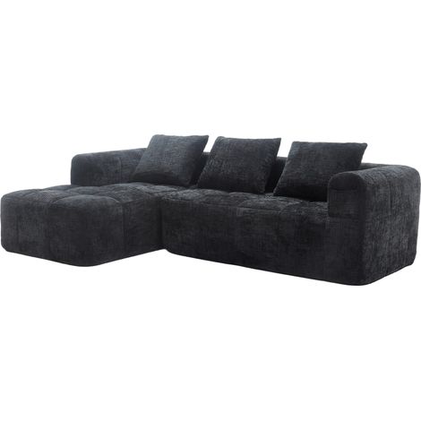 Divano angolare moderno in ciniglia nera con chaise longue, 3 cuscini, senza montaggio (1/5)