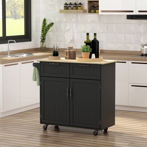 Kücheninsel mit Arbeitsplatte aus Gummibaumholz, Küchenwagen mit Rollen, 2 Schubladen, Schrank, verstellbaren Einlegeböden und Handtuchhalter, MDF-Holz, 104 x 46 x 91 cm, Schwarz
