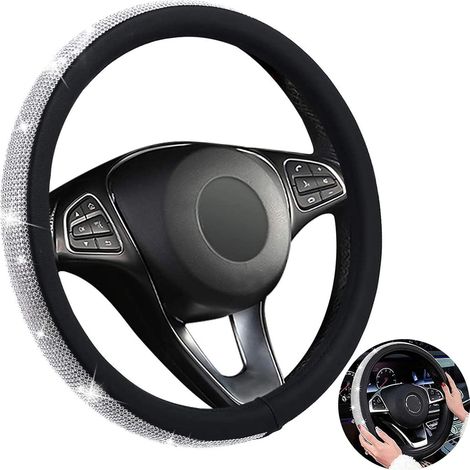 Housse de Volant Strass Cristal Housse de Volant Cristal Couvre Volant Antidérapant Cristal Couvre Volant Cristal Couvre Volant Ajustement pour Femmes Filles Intérieur de Voiture (Noir et Blanc)-Fei Y (1/5)