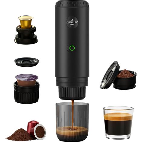 Machine à Cafe Portable, Cafetière Portable 3 en 1 Compatible avec les Capsules Espresso et Poudre de Café, Rechargeable Pour Voyage, Camping, Voiture, Maison (1/5)