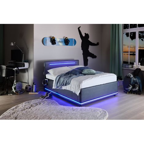 Meise Möbel Jugendbett Circle 140x200 cm Bettgestell LED & USB 4 Betttaschen Kunstleder Schwarz Holzfuß schwarz (1/5)